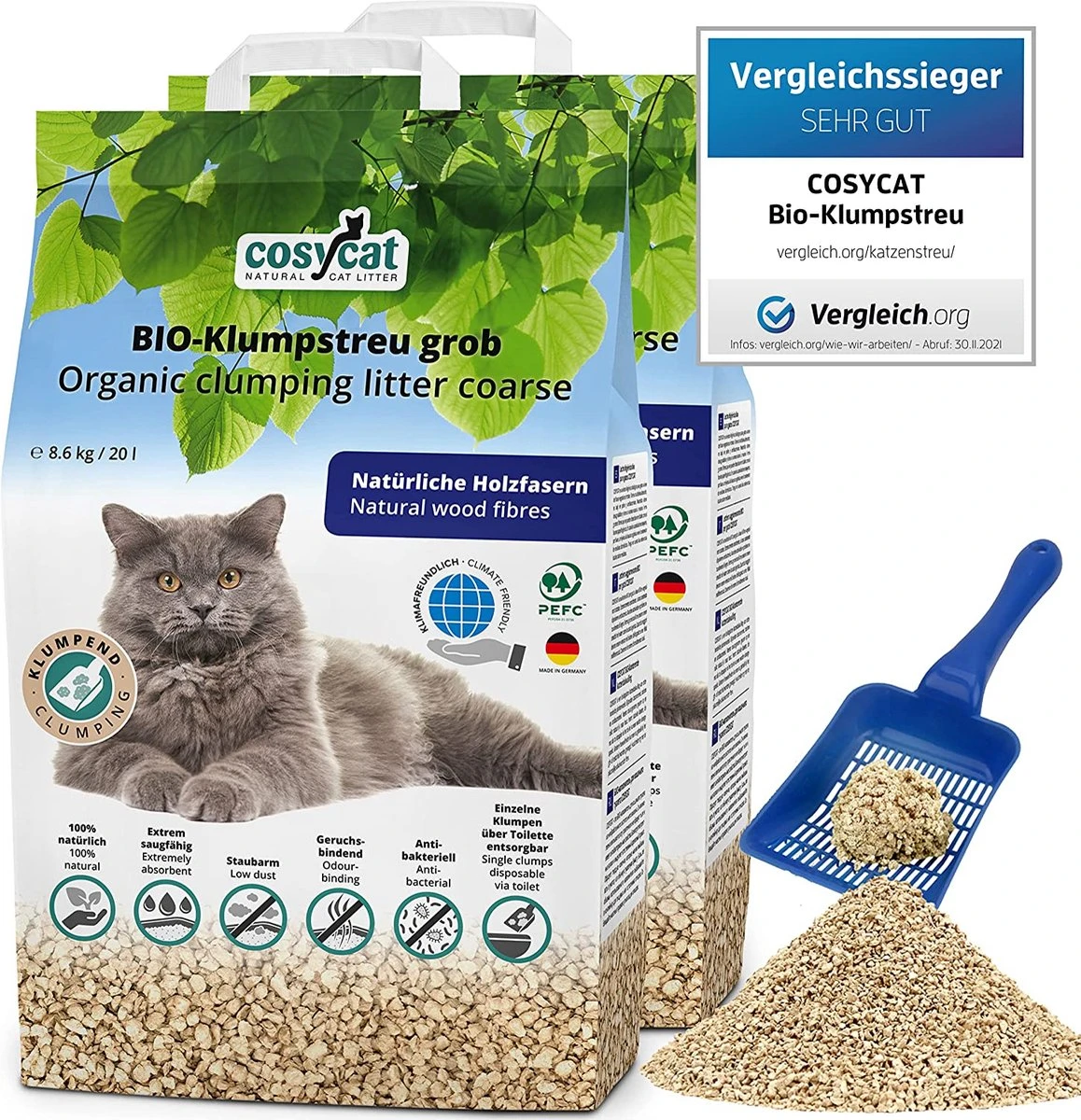 CosyCat BIO Kattenbakvulling Klontvormend - GROVE Korrel 2x 20L - Speciaal Voor Langharige Katten 1 CosyCat BIO Kattenbakvulling Klontvormend - GROVE Korrel 2x 20L - Speciaal Voor Langharige Katten