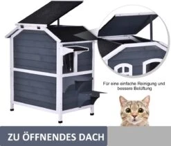 PawHut Kattenhuis Voor Buiten Kattenhut Met 2 Verdiepingen Kattenvilla, Asfaltdak, Massief Hout Grijs D30-236 -Huisdierbenodigdheden Serie 1200x1026 4