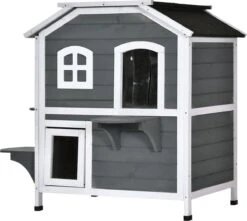 PawHut Kattenhuis Voor Buiten Kattenhut Met 2 Verdiepingen Kattenvilla, Asfaltdak, Massief Hout Grijs D30-236 -Huisdierbenodigdheden Serie 1200x1074 2