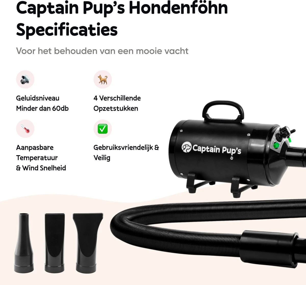 Captain Pup's Professionele Hondenföhn Met 4 Opzetstukken - Bijgeleverde Hondenborstel - Waterblazer Voor Honden - Zwart 3 Captain Pup's Professionele Hondenföhn Met 4 Opzetstukken - Bijgeleverde Hondenborstel - Waterblazer Voor Honden - Zwart - Afbeelding 3