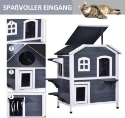 PawHut Kattenhuis Voor Buiten Kattenhut Met 2 Verdiepingen Kattenvilla, Asfaltdak, Massief Hout Grijs D30-236 -Huisdierbenodigdheden Serie 1200x1130 1