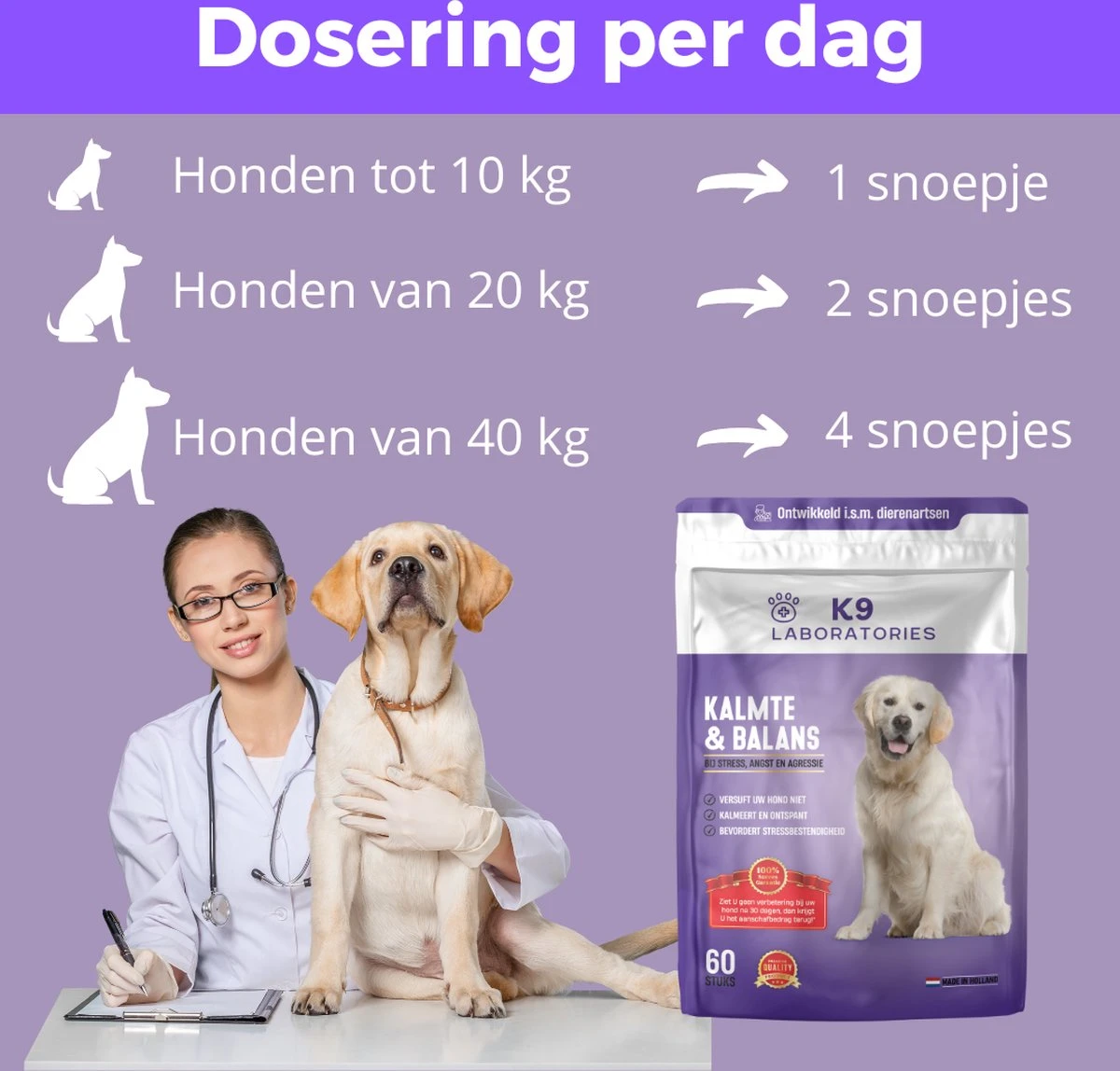 K9 Laboratories - Kalmte & Balans - Supplement - Voor Honden - Tegen Angst - Stress - Agressie - L-tryptofaan - Valeriaan - Hennepzaadolie - 60 Stuks - Voor Een Rustige Hond 2 K9 Laboratories - Kalmte & Balans - Supplement - Voor Honden - Tegen Angst - Stress - Agressie - L-tryptofaan - Valeriaan - Hennepzaadolie - 60 Stuks - Voor Een Rustige Hond - Afbeelding 2