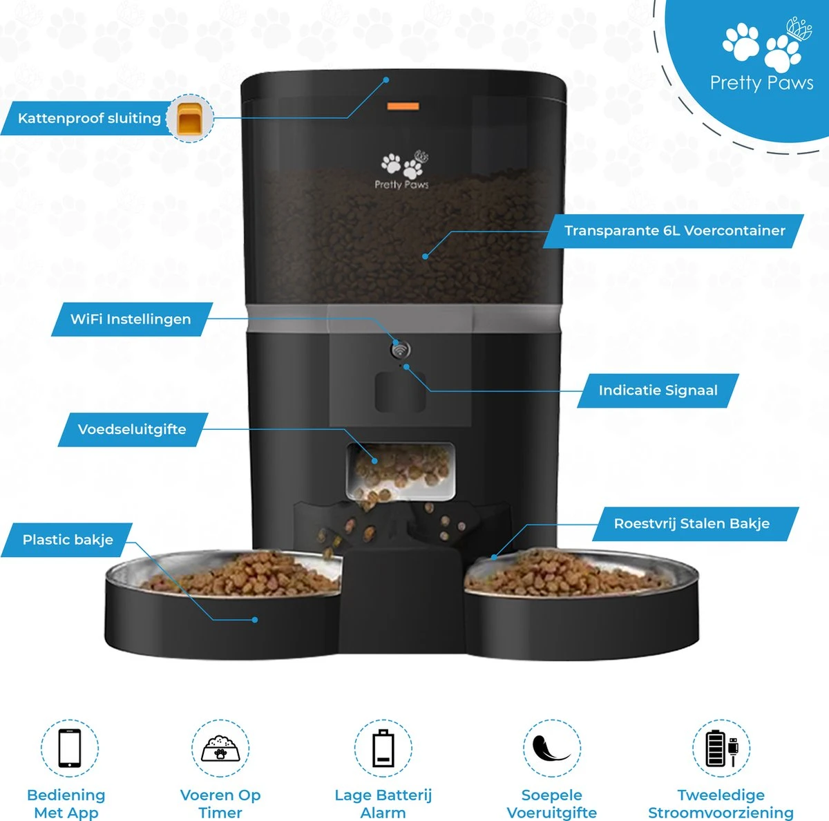 Pretty Paws QQ003 - Wifi Voermachine - Dubbele Voerbakjes - Zwart - Kat - 6L 6 Pretty Paws QQ003 - Wifi Voermachine - Dubbele Voerbakjes - Zwart - Kat - 6L - Afbeelding 6