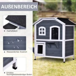 PawHut Kattenhuis Voor Buiten Kattenhut Met 2 Verdiepingen Kattenvilla, Asfaltdak, Massief Hout Grijs D30-236 -Huisdierbenodigdheden Serie 1200x1200 458