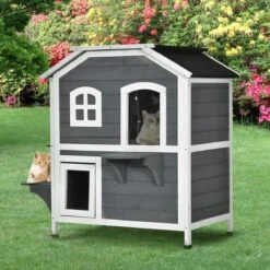 PawHut Kattenhuis Voor Buiten Kattenhut Met 2 Verdiepingen Kattenvilla, Asfaltdak, Massief Hout Grijs D30-236 -Huisdierbenodigdheden Serie 1200x1200 459