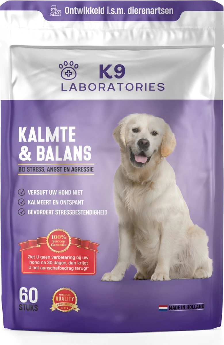 K9 Laboratories - Kalmte & Balans - Supplement - Voor Honden - Tegen Angst - Stress - Agressie - L-tryptofaan - Valeriaan - Hennepzaadolie - 60 Stuks - Voor Een Rustige Hond 1 K9 Laboratories - Kalmte & Balans - Supplement - Voor Honden - Tegen Angst - Stress - Agressie - L-tryptofaan - Valeriaan - Hennepzaadolie - 60 Stuks - Voor Een Rustige Hond
